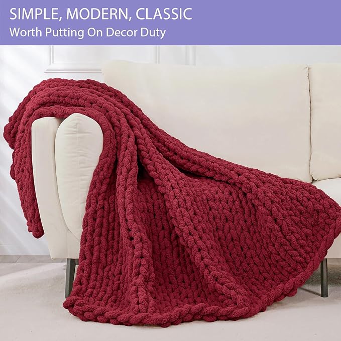 Bigacogo Chunky Knit Throw Blanket for Couch, 51x63 inches, 100% Hand Knitted with Thick Jumbo Chenille Yarn, Cozy Soft Large Rope Knot Cable Crochet Blankets for Sofa Bed Living Room, Red