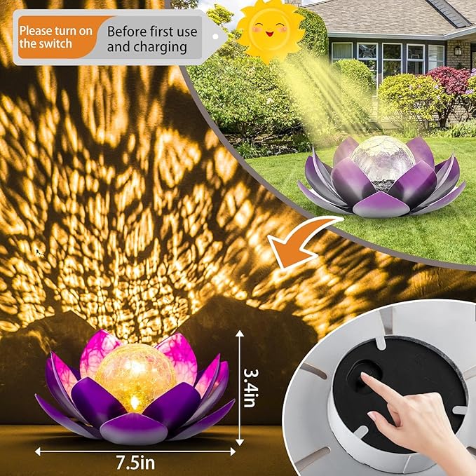 Solar Light Outdoor(2Pack), Art Crackle Globe Glass Lotus Decoration, Solar LED Waterproof Purple Metal Flower Lights for Patio,Lawn,Walkway,Tabletop