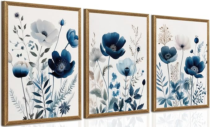 DUWQU 3 Pcs Blue Floral Canvas Wall Art, Wood Framed Navy Blue Wildflower Lily Daisy Art Wall Decor, Watercolor Botanical Flower Home Poster Art Prints for Living Room Bedroom Bathroom 12×16 Inches