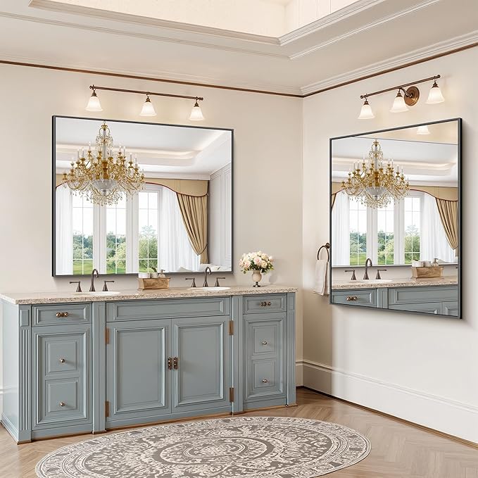 YIROMAN Bathroom Mirror for Wall 48"x40", Large Matte Black Bathroom Mirror with Metal Frame, Rectangular Vanity Mirror with Right Angles, Wall Mirror Hangs Horizontal or Vertical, Shatterproof