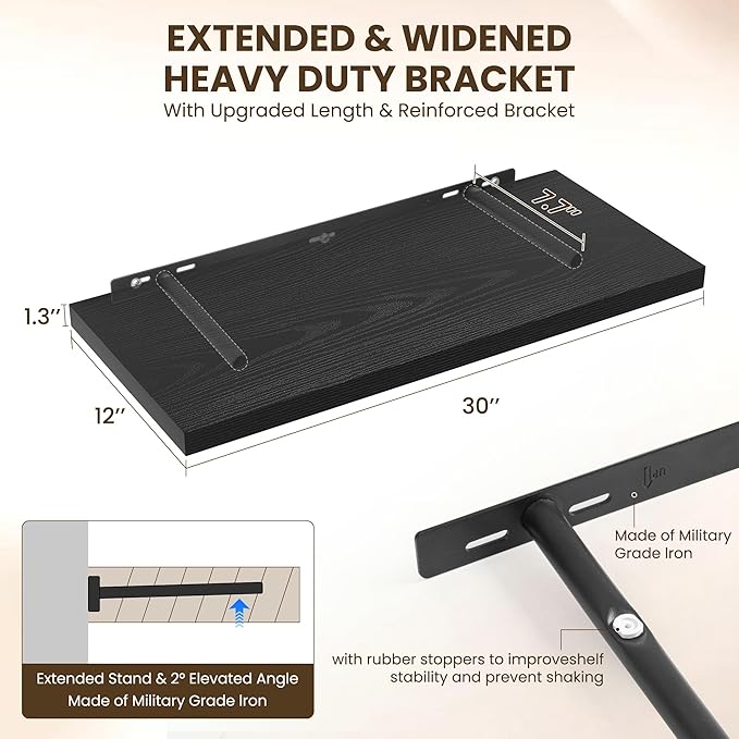 30" Floating Shelves for Wall, 12" Deep Slim Black Floating Shelves, Wall-Mounted Shelves for Bedroom, Living Room, Kitchen, Bathroom - Set of 2