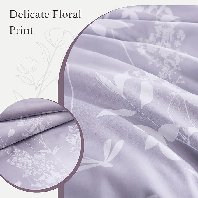 Queen Comforter Set -7 Pieces Floral Purple Comforter Set for All Seasons, Bed in a Bag Queen with Botanical Flowers Comforter, Sheets, Pillowcases & Shams