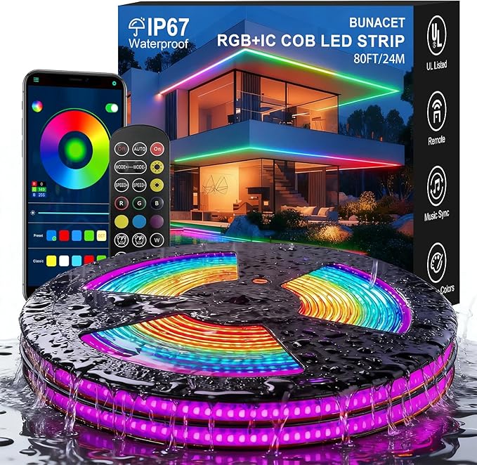 80ft COB RGB+IC LED Strip Lights, Bright Dream Color COB LED Light Strip with RF Remote App Control Music Sync Color Changing for Garden Outdoor Home Decor Pool Patio Party DIY Decoration-2 Rolls