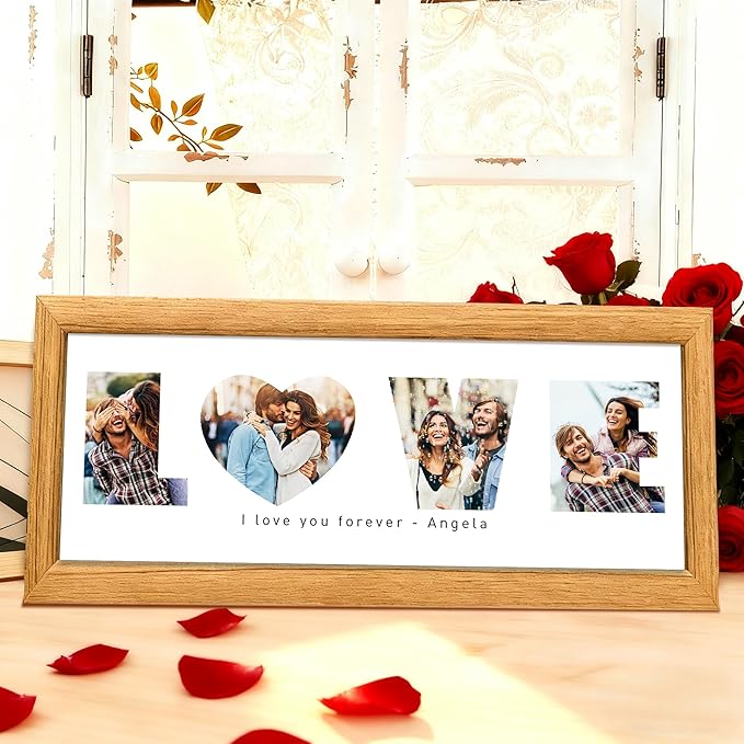 Gifts for Him/Her - Personalized Photo Frame with LOVE Letters Design, Natural Wood, Wall Mount or Tabletop Display, Gifts for Boyfriend Girlfriend Anniversary Birthday Valentine's