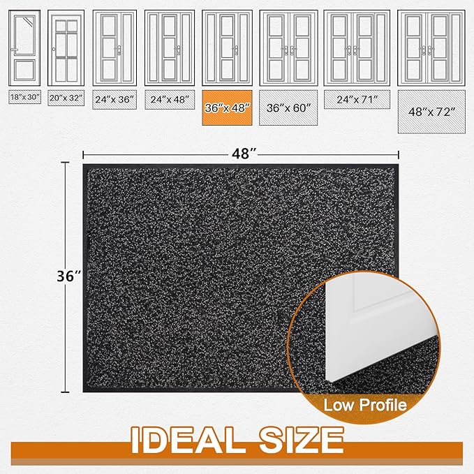 Mibao Front Door Mat, Dirt Trapper Welcome Mat for Outdoor Indoor, Non-Slip Waterproof Doormat, Durable Machine Washable Low Profile Entry Rug for Back Door Outside Patio Porch, 48" x 36", Black