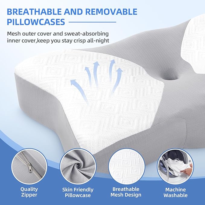 NPET Cervical Pillow for Neck Pain Relief, Ergonomic Hollow Design, Odorless Memory Foam Pillow for Sleeping, Orthopedic Contour Neck Support Pillows for Side, Back, and Stomach Sleepers