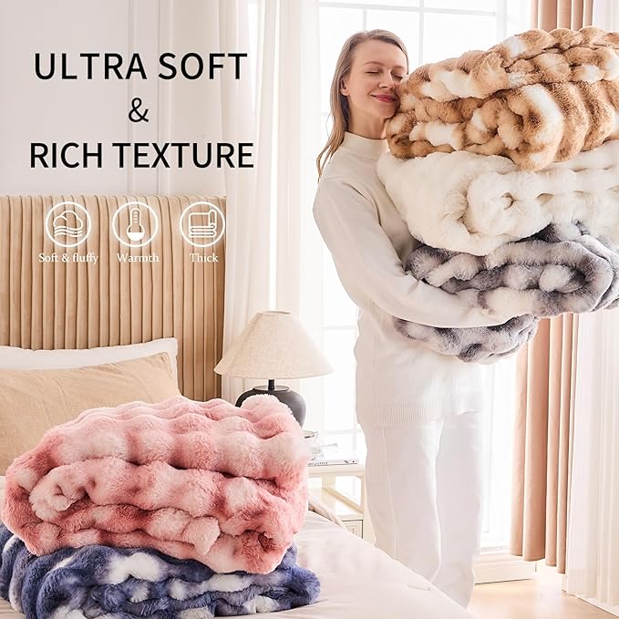 Cozy Faux Fur Throw Blanket for Bed-Warm Fuzzy Throw Blanket, Soft Plush Thick Bubble Blankets for Bedroom and Living Room, Furry Luxury Blanket, 90 x 90, Cream
