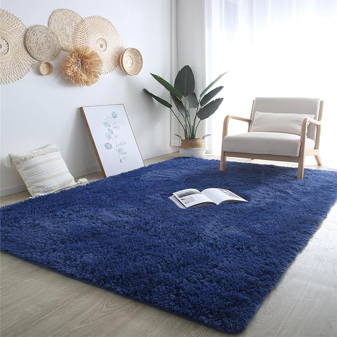 CAIYUECS Shag Area Rug,Indoor Ultra Soft Fluffy Plush Rugs for Bedroom Living Room, Non-Skid Modern Nursery Faux Fur Rugs for Kids Room Home Decor (6x9 Feet, Navy Blue)