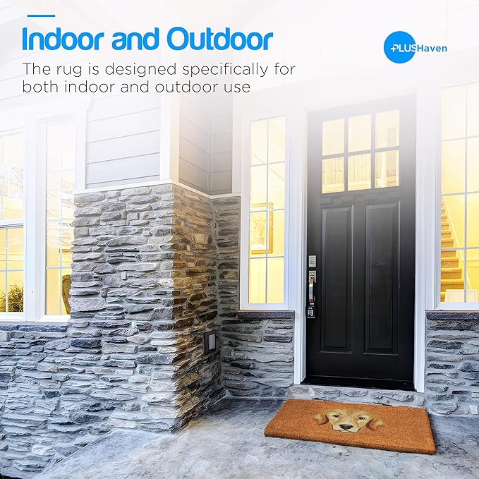 PLUS Haven Coco Coir Door Mat with Heavy Duty Backing, Natural Welcome Bull Dog Doormat, 17.5”x 30” for Entrance, Front Porch, Easy to Clean Entry Mat, Outdoor and Indoor Uses