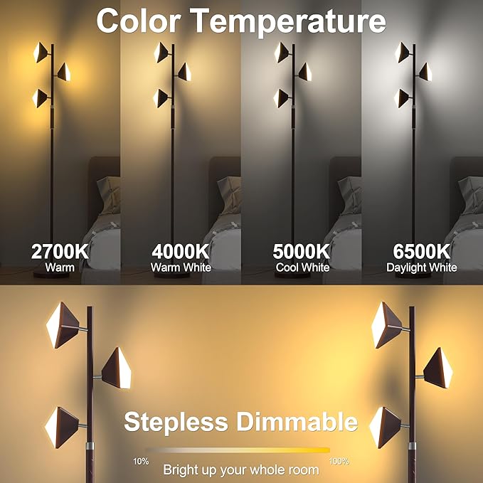 RGB Tree Floor Lamp for Living Room, Stepless Dimmable Tall Standing Lamp with Remote, Touch Control and 3 Rotatable Light, Bright LED Lights for Bedroom with 4 Color-Changing, Oil Rubbed Bronze