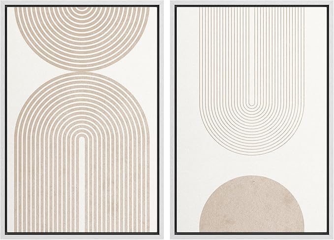 SIGNFORD Framed Canvas Print Wall Art Set Beige & White Duotone Geometric Spiral Polygons Abstract Shapes Illustrations Modern Art Decorative Minimalist Relax/Cozy for Bedroom - 24"x36"x2 White
