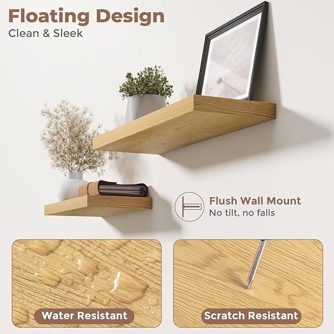 24 Inch Floating Shelves for Wall Set of 2, 8"D Wood Grain Bathroom Shelves with Invisible Brackets, Easy Install Engineered Wood Storage Shelves for Kitchen, Living Room, Bedroom, Oak Finish