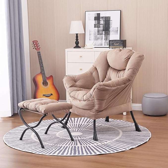 Lazy Chair and Ottoman, Large Accent Lounge Chair with Armrests and a Side Pocket, Modern Leisure Upholstered Sofa Reading Armchair with Footrest for Bedroom, Living Room, Dorm Rooms, Office