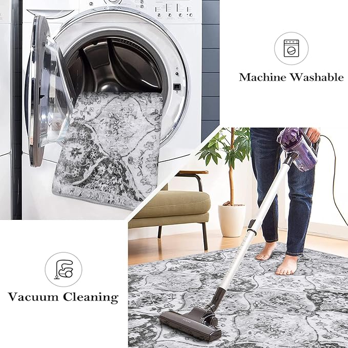 Lahome Moroccan Trellis Washable Small Area Rug, 3x5 Area Rug for Bedroom Living Room, Non-Slip Oriental Accent Throw Carpet for Kitchen Office Entryway Bathroom Office, Silver/Grey