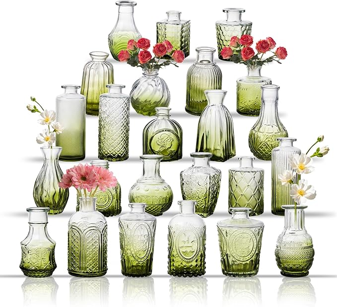 Glass Bud Vase Set of 24, Small Flower Vases, Glass Vases for Centerpieces, Vintage Home Table Decorations Bud Vases (24 Pcs, Green)