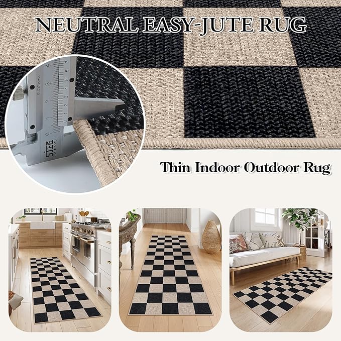 Lahome Checkered Easy Jute Runner Rug, 2x6 Kitchen Runner Rug Non Slip Washable Outdoor Carpet for Entryway Indoor, Checkerboard Black Indoor Outdoor Carpet Runners for Hallway 6ft Entry