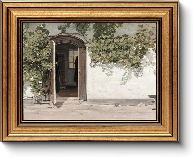 HUARCEY Gold Framed Vintage Wall Art Vineman Climbing The Walls Farmhouse Wall Decor Opening Door Oil Painting Picture Canvas Print Art Home Decor Aesthetic for Bedroom Bathroom Office 8x10in