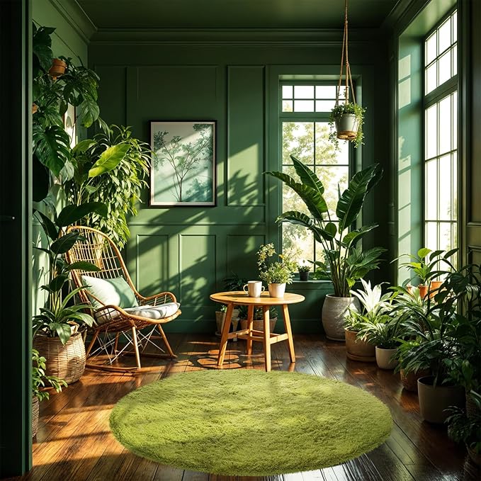 CAIYUECS Green Round Rug for Bedroom: 4x4Feet Soft and Fluffy Area Rug for Living Room- Circle Fuzzy Bedroom Rug- Oval Furry Plush Rug for Kids Room, Nursery (4ft, Grass Green)