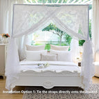 AIKASY Elegant Lace Princess 4-Poster Bed Canopy Mosquito Net - Romantic Wedding Bridal Bedroom Decor, Kids Room Bed Curtain for Women Adults - (White-4,King)