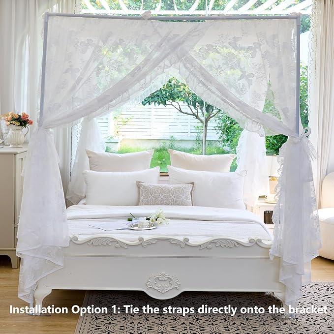 AIKASY Elegant Lace Princess 4-Poster Bed Canopy Mosquito Net - Romantic Wedding Bridal Bedroom Decor, Kids Room Bed Curtain for Women Adults - (White-4,Queen)