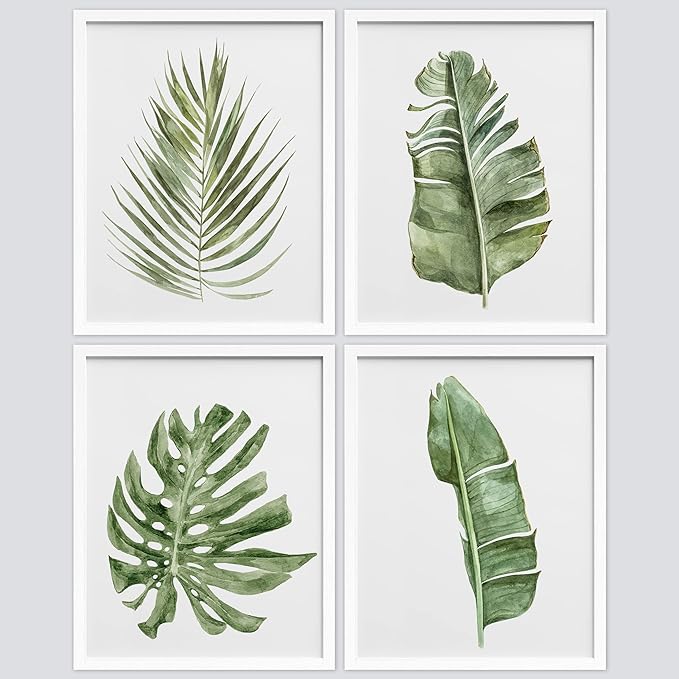 SIGNWIN Framed Banana Palm Monstera Leaf Wall Art, Set of 4 Green Pastel Wall Decor Prints, Nature Wilderness Wall Décor for Living Room, Bedroom - 8"x10" White