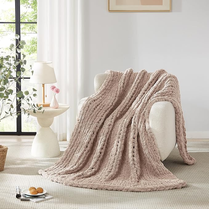 L'AGRATY Chunky Knit Blanket Throw: 72''x84'' Chenille Chunky Knitted Throw Blankets for Bed Couch - Handmade Thick Big Cable Knit Blanket - Large Crochet Rope Blankets for Home Decor(Light Taupe)