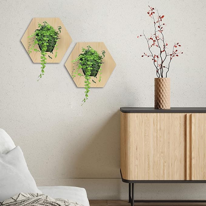 Hexagonal Wooden Wall Planter, Self Watering Living Vertical Planters Indoor, Wooden Frame Planter Wall Decoration Home Office 2pc
