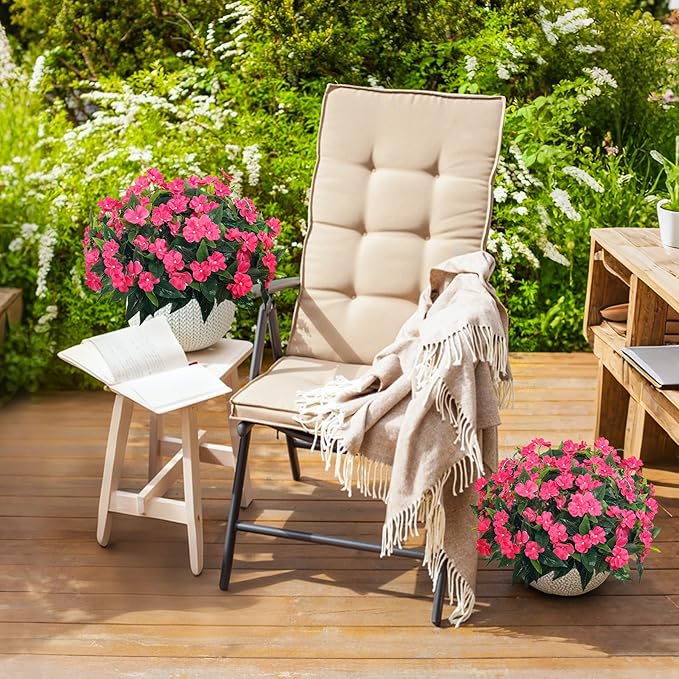 Artificial Impatiens Bouquet Flowers for Outdoors Silk Faux Flowers for Outdoor Impatiens Plants Decor Indoor Planters Kitchen Planters and Balcony Decorations 4PCS (Rose Red)