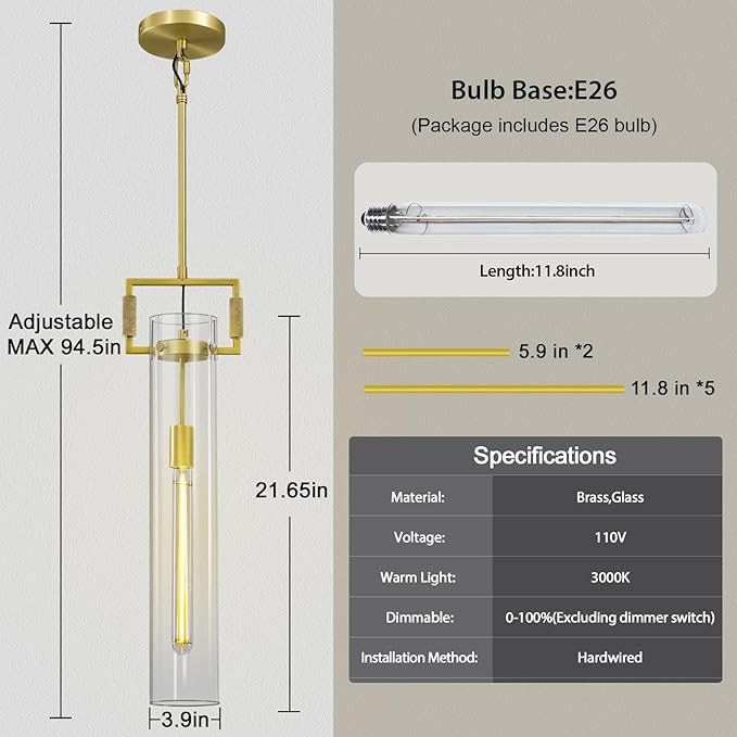 Brass Pendant Lights,Modern Glass Pendant Lights Kitchen Island 2 Pack,21.6'' Farmhouse Gold Kitchen Pendant Lighting Over Island for Dining Table,Bathroom,Bedroom