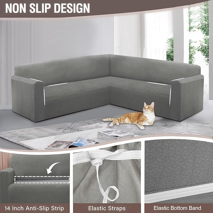 HDCAXKJ Sectional Couch Cover L Shape Stretch Sofa Covers Washable Jacquard Corner Couch Slipcover Non Slip Sectional Slip Cover U Shaped Furniture Protector for Pets Dogs (Light Grey, Medium)