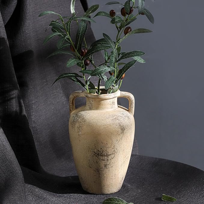 Ceramic Flower Vase, 8.85 inch Tall Terracotta Vase with 2 Handles, Rustic Farmhouse Vase for Home Decor, Living Room Shelf Decor, Enterway, Table