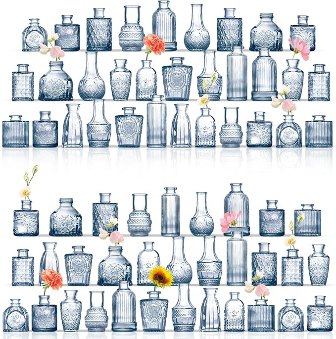 Bud Vases in Bulk 64, Glass Vases for Centerpieces, Small Flower Vase for Centerpieces, Small Vases for Flowers, Mini Vintage Vase, Blue Bud Vases for Wedding Table Decor