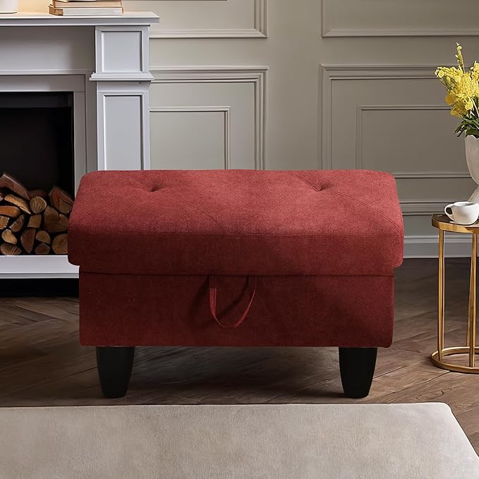 Ottoman Rectangular Storage Ottoman Bench, Flannel Footrest Stool Footstool with Lid for Living Room, Bedroom, Entryway, Red, 28.5"x19"x17.5"