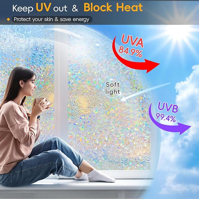 Rainbow Window Privacy Film Decorative, Stained Glass Window Tint for Home, 3D Decals Clings for Glass Windows, Static Cling Sticker, Suncatcher Cover, 35.4 Inch x 78.74 Inch