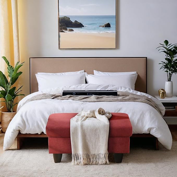 Ottoman Rectangular Storage Ottoman Bench, Flannel Footrest Stool Footstool with Lid for Living Room, Bedroom, Entryway, Red, 28.5"x19"x17.5"