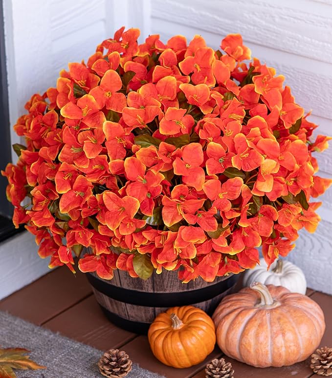 Ivydale Artificial Fall Flowers for Outdoors, 4 Bundles Faux Silk Bougainvillea Flower Plants Fake Outdoor Flowers for Planter Patio Porch Window Garden Home Decoration, Fall Orange