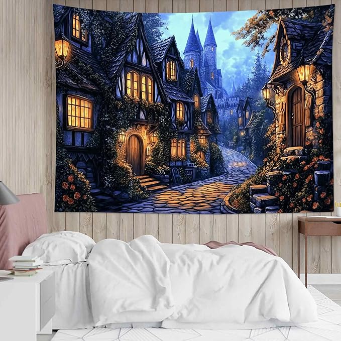 LB Vintage Castle Tapestry, Night Street Old House and Green Tree Wall Tapestry for Bedroom Aesthetic, Village Gothic Wall Art for Living Room Dorm Home Decor Ready to Hanging, 92.5 x 70.9 Inches