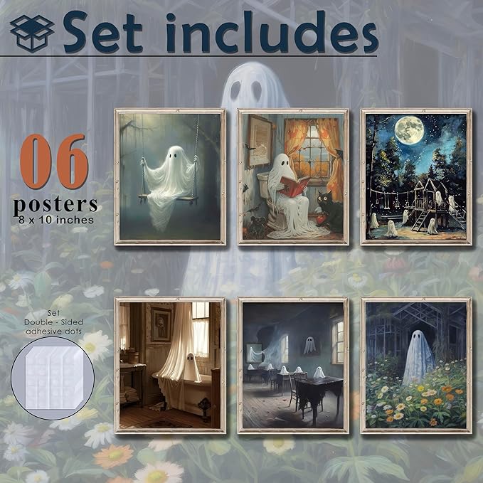 LANCHI95 6 Pcs 8x10in Halloween Wall Art Prints, Vintage Posters, Cute Ghost Pictures for Bedroom Decor (UNFRAMED)