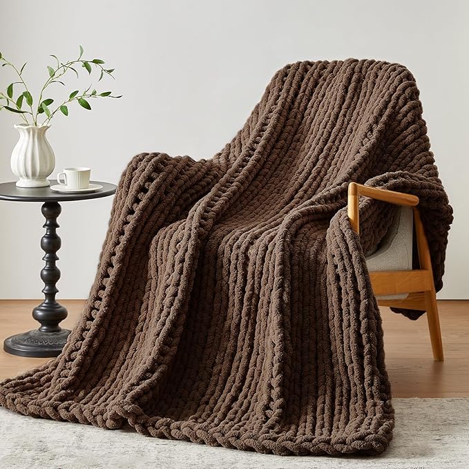 Chunky Knit Throw Blanket, 30''*40'' Knitted Throw Chenille Yarn for Bed Couch, Handmade Dark Brown Crochet Big Thick Blanket, Machine Washable Cute Comfy Blanket for Home Decor
