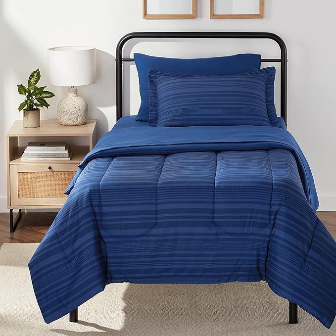 Amazon Basics Twin/Twin XL Comforter Set with Sheets, 5-Piece Blue Calvin Striped Bedding, Lightweight Microfiber Bed-in-a-Bag