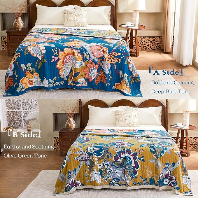 Boho Throw Blanket, Blue Lightweight Blankets for Summer, 100% Cotton Bohemian Decorative Throw Blanket, 60"x80" Reversible Muslin Breathable Woven Farmhouse Blankets Quilt,