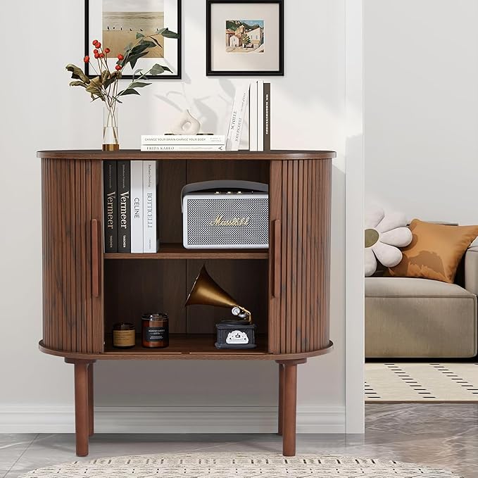 31'' Fluted Sideboard Buffer Cabinet, Modern Credenza Storage Cabinet with Slide Doors, Bar Cabinet Console Table for Living Dining Room Kitchen Hallway Entryway, Walnut