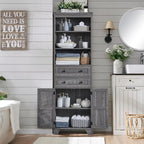 Bathroom Storage Cabinet, 72" Tall Farmhouse Storage Cabinet with 2 Drawers, Adjustable Shelves & Barn Door, Cabinet for Bathroom, Living Room, Kitchen, Grey Wash