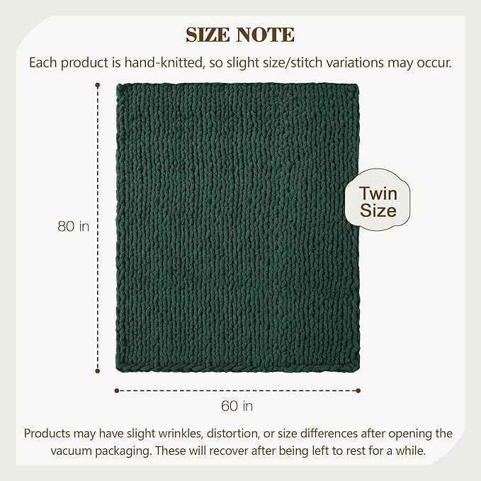 Carriediosa Chunky Knit Throw Blanket 60" X 80" Twin, 100% Hand Made Large Chenille Loop Yarn Soft Fluffy Throws for Couch Sofa Bed, Big Crochet Cozy Heavy Thick Cable Woven Blankets, Dark Green