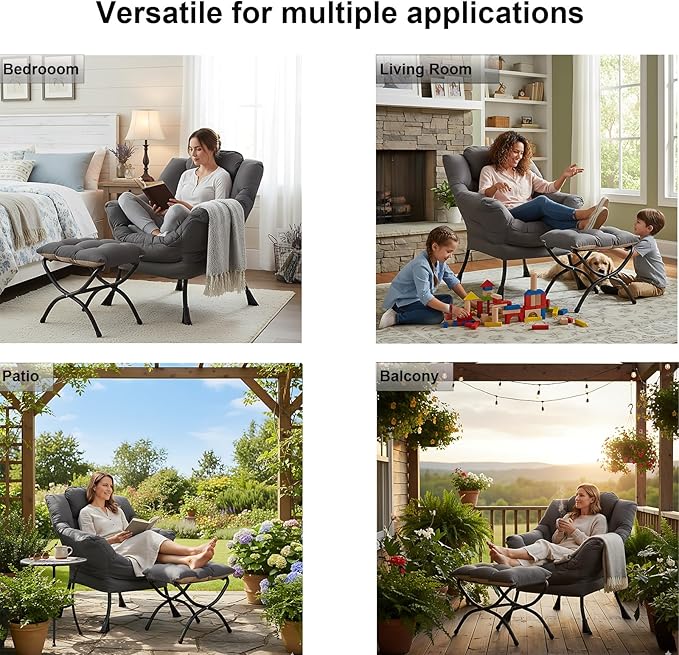 Lazy Chair and Ottoman, Large Accent Lounge Chair with Armrests and a Side Pocket, Modern Leisure Upholstered Sofa Reading Armchair with Footrest for Bedroom, Living Room, Dorm Rooms, Office