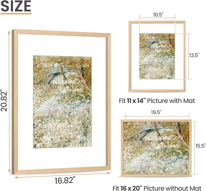 upsimples 16x20 Frames, Natural Solid Wooden Picture Frames, Display 11x14 with Mat or 16 x 20 Without, Vertical or Horizontal Wall Hanging, 1 Pack, Natural