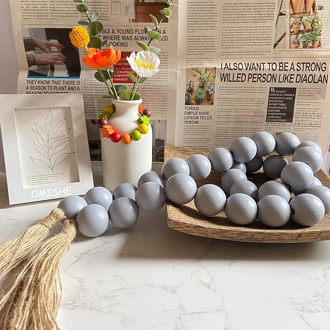 OMISHE 60" Long Extra Large Wood Bead Garland Grey with 1.6" Diameter Wooden Beads and Tassels, Rustic Farmhouse Country Decorative Beads for Home Tiered Tray Decor, Grey