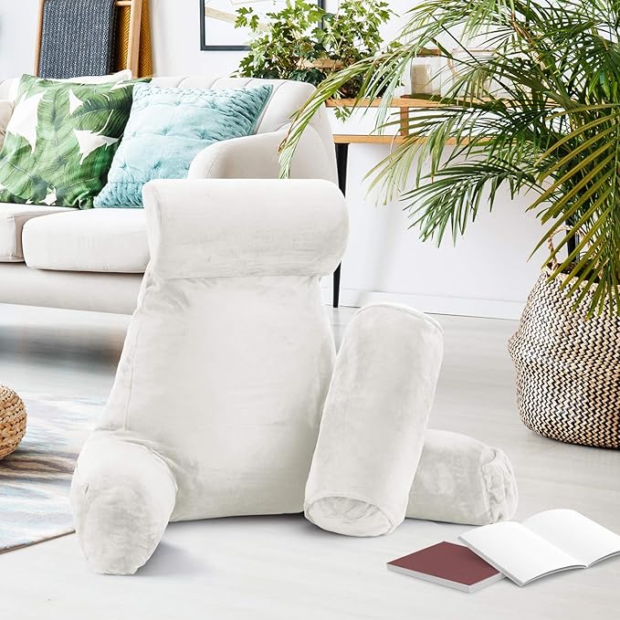 Nestl Reading Pillow Large Bed Pillow, Back Pillow for Sitting in Bed Shredded Memory Foam Chair Pillow, Reading & Bed Rest Pillows White Back Pillow for Bed, Bed Chair Arm Pillow with Pockets