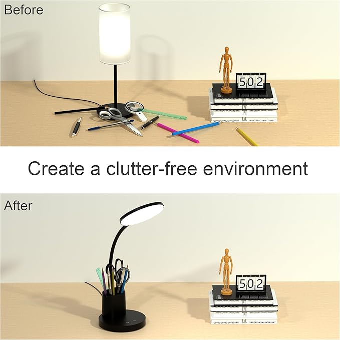 Desk Lamp, LED Desk Lamp for Home Office, Touch Table Lamp with 3 Color Modes 360° Adjustable Arm, Dimmable Desk Light with Pen Phone Holder, Black
