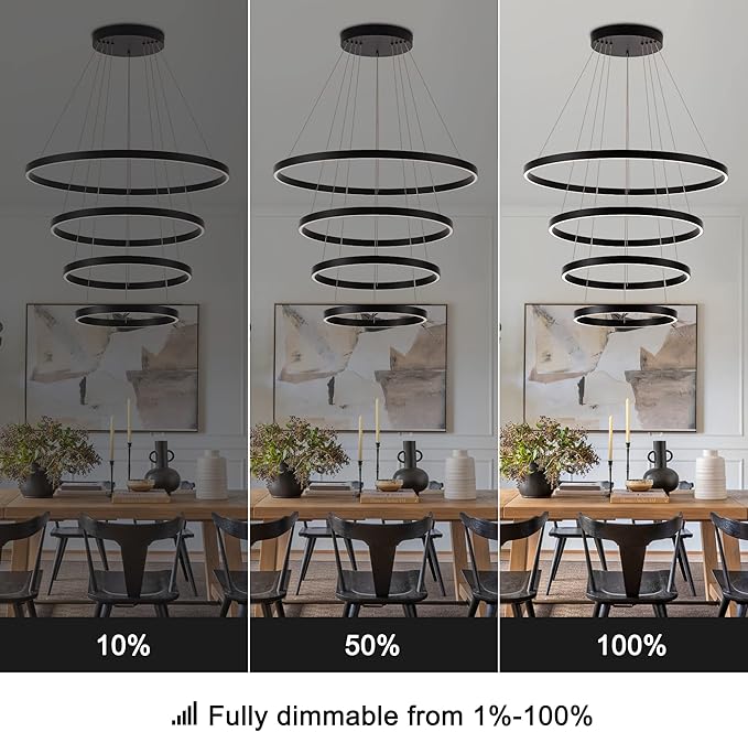 Large Modern Chandelier, 15.7"-31.4" Ring Chandelier LED Black Chandelier, 3000K High Ceiling Chandelier with 4 Ring, Large Chandeliers for High Ceiling Foyer Office